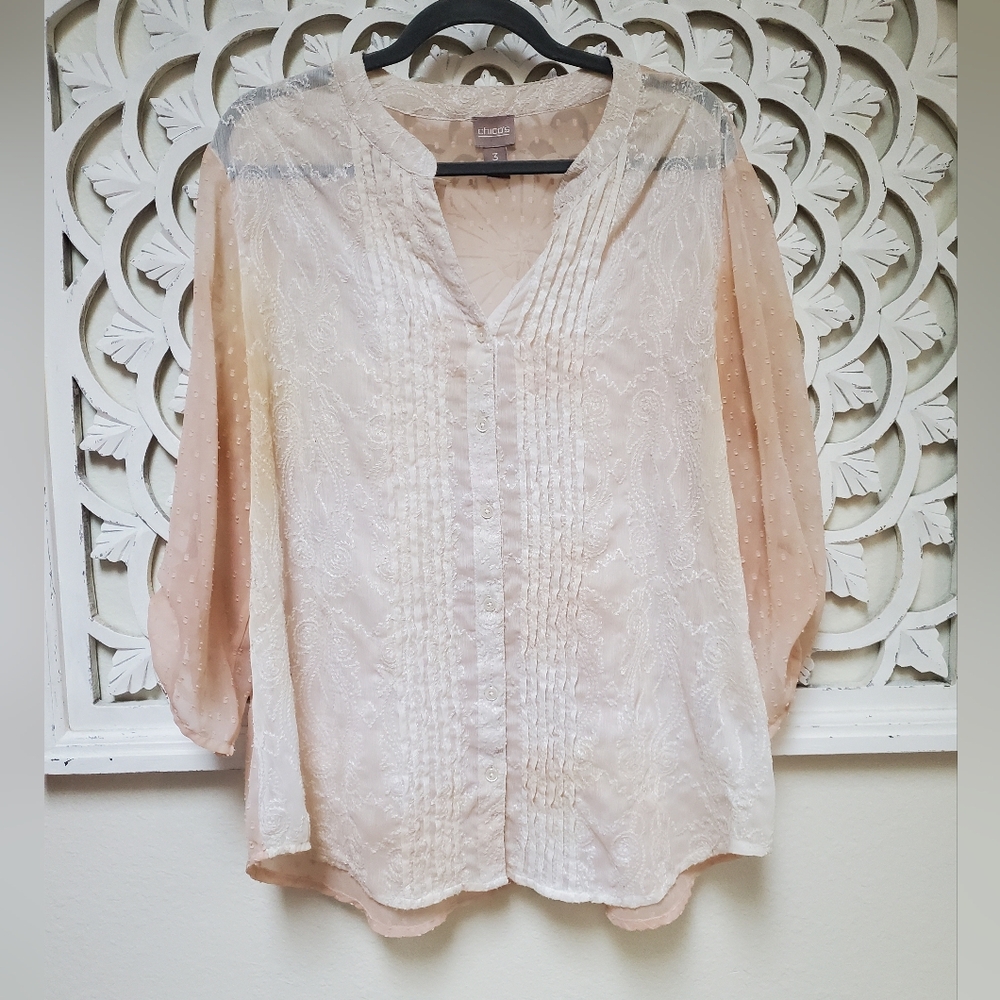 Upcycled Tea Dyed Tan Chicos Sheer Embroidered Top Size 3, 16-XL